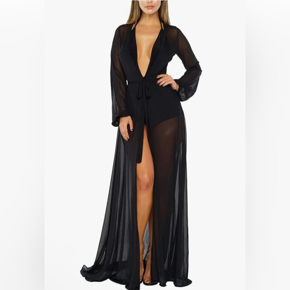 Black long sheer swim robe coverup NWOT